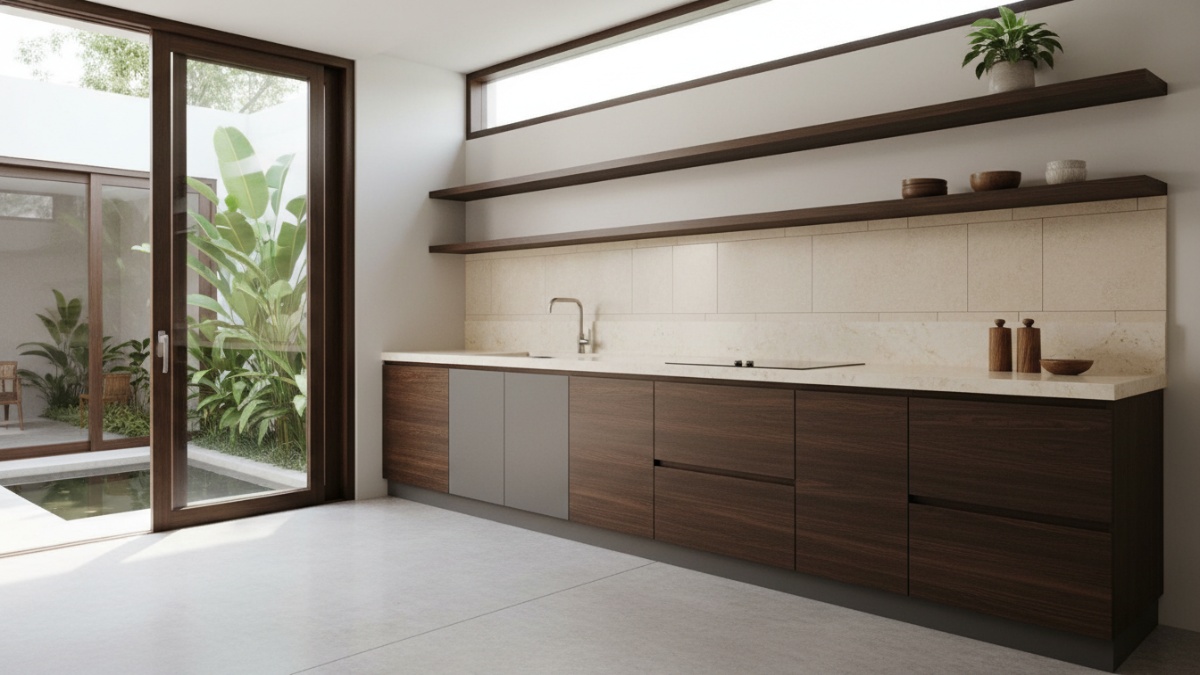 Material lemari dapur dengan finishing rapi dan tahan lama.