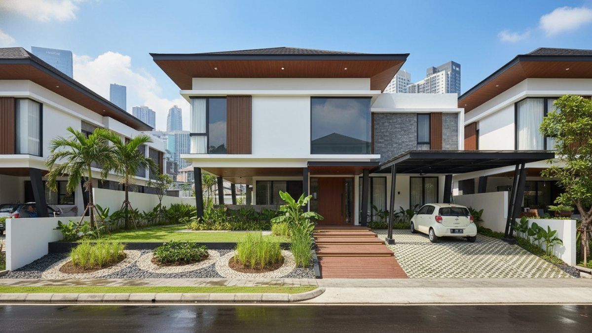 Rumah di kawasan rawan banjir dengan perlindungan desain lebih tinggi dan lahan resapan optimal sebagai langkah antisipasi.
