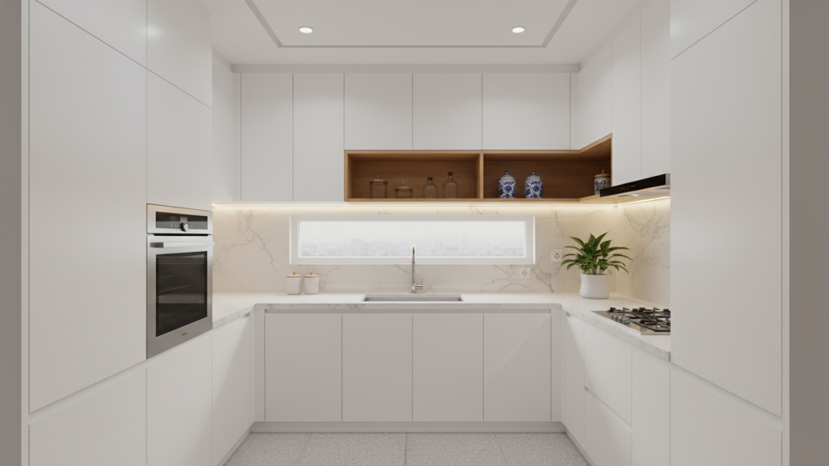 Lemari dapur hingga plafon untuk ruang terbatas.