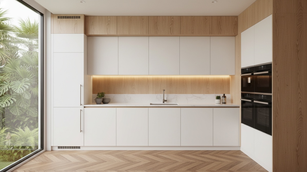 Desain lemari dapur tanpa gagang dengan tampilan bersih.