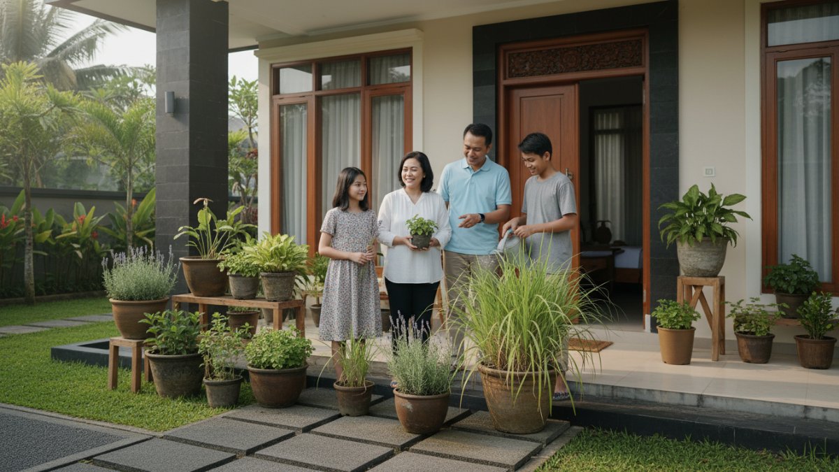 merawat tanaman bersama keluarga