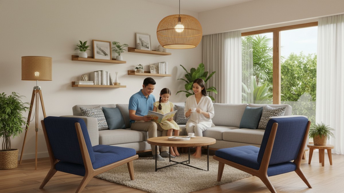Ruang keluarga modern dengan furnitur proporsional dan pencahayaan hangat sebagai pusat aktivitas keluarga.