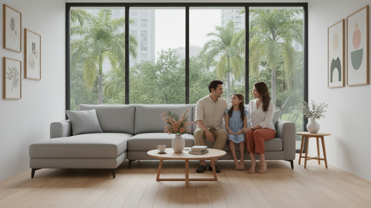 Tata letak sofa dan meja tengah yang memberi ruang gerak lega dan mendukung interaksi