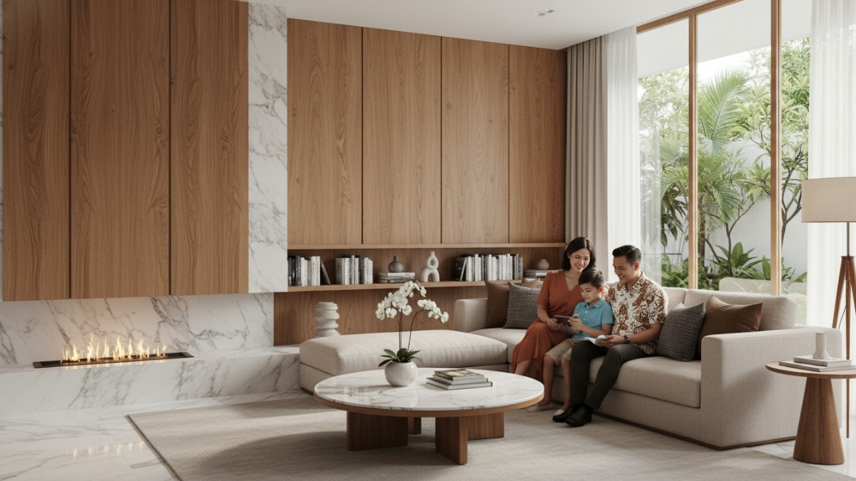 Detail material kayu solid dan marmer yang memperkuat kesan mewah ruang keluarga.