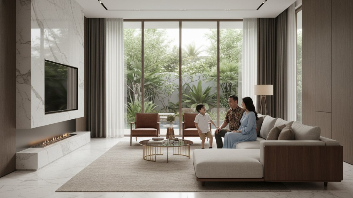 Ruang keluarga mewah modern dengan proporsi seimbang dan tampilan elegan.