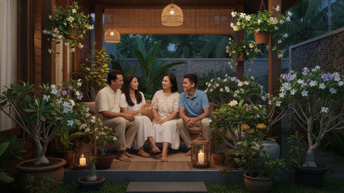 teras rumah yang dihiasi tanaman tanaman yang indah