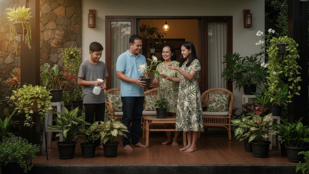 tanaman yang di taruh di teras rumah