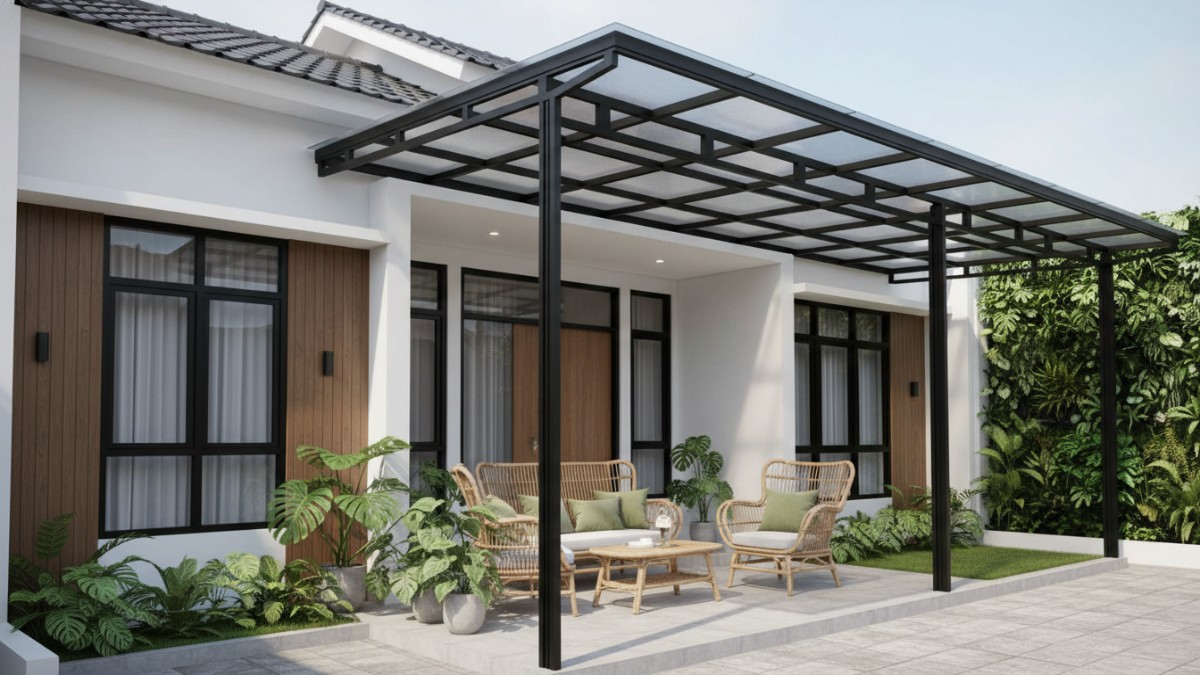 Kanopi teras melindungi area depan dari panas dan hujan.