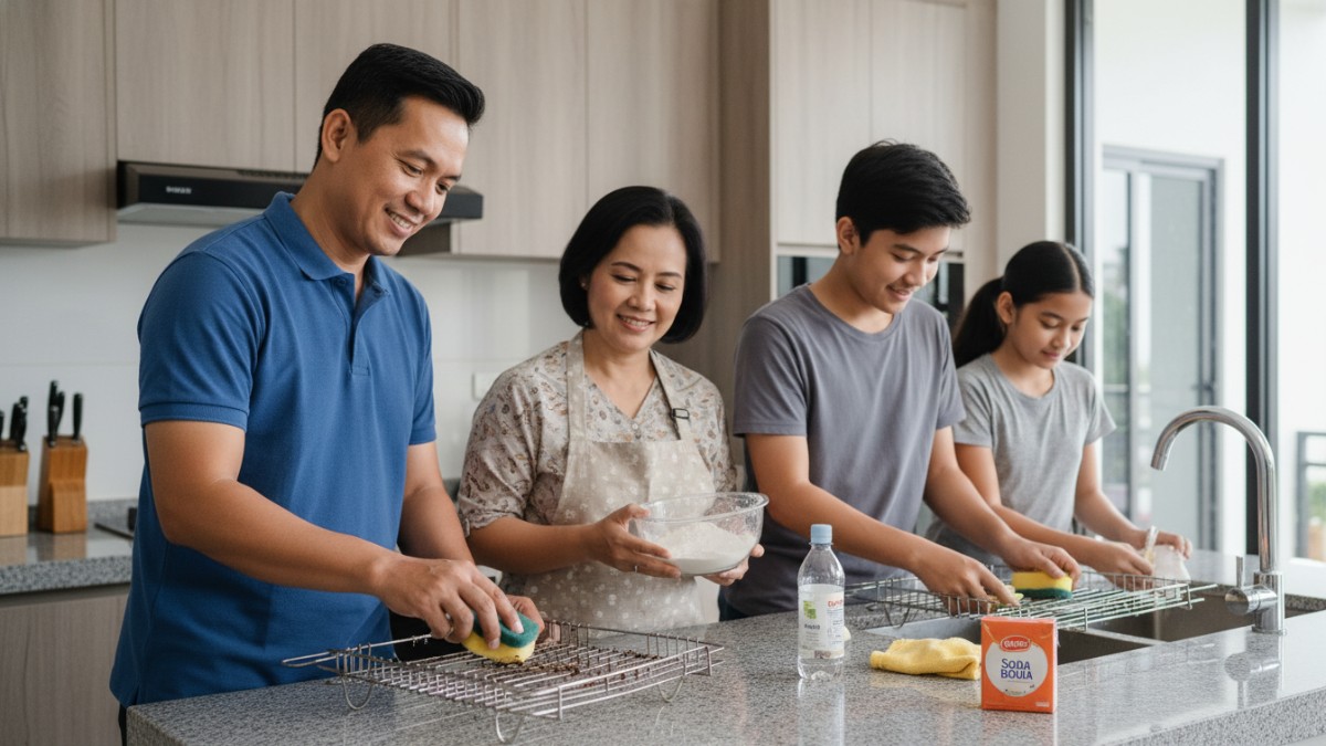Cuka dapur dikenal luas sebagai bahan pembersih endapan mineral. Larutan cuka dioleskan merata ke permukaan rak, lalu didiamkan beberapa menit.