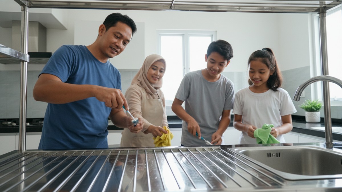 Sela dan sudut rak sering menjadi titik penumpukan kerak yang terlewat. Di sinilah sikat kecil atau sikat gigi bekas sangat membantu
