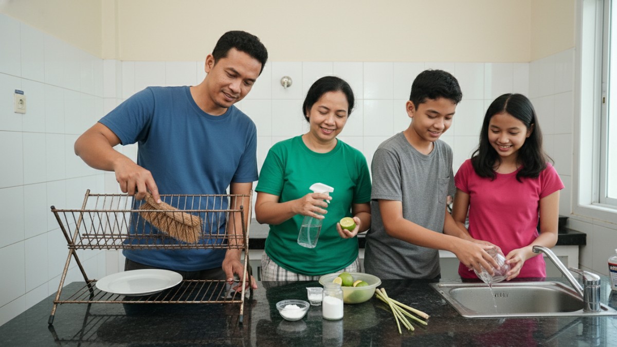 Rak pengering piring berkerak yang dibersihkan dengan bahan alami agar kembali higienis.