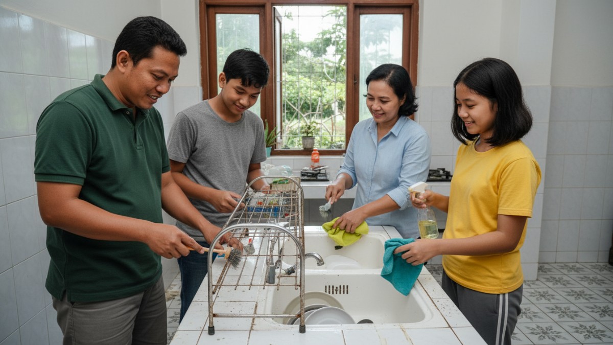 Rak pengering piring berkerak yang dibersihkan dengan teknik perawatan praktis agar kembali bersih.