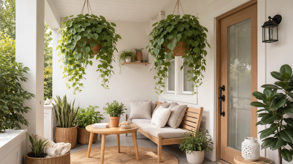 Philodendron tergantung di teras kecil rumah minimalis.