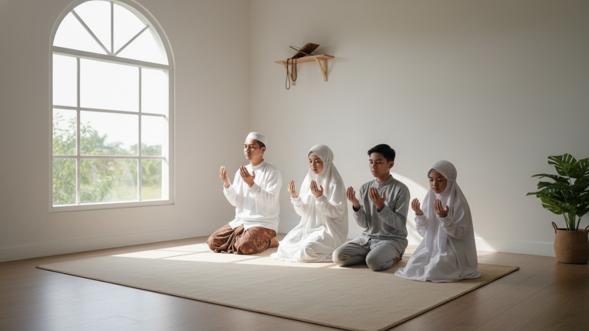 Gambar ruang sholat rumah dengan desain sederhana dan pencahayaan alami yang menenangkan.