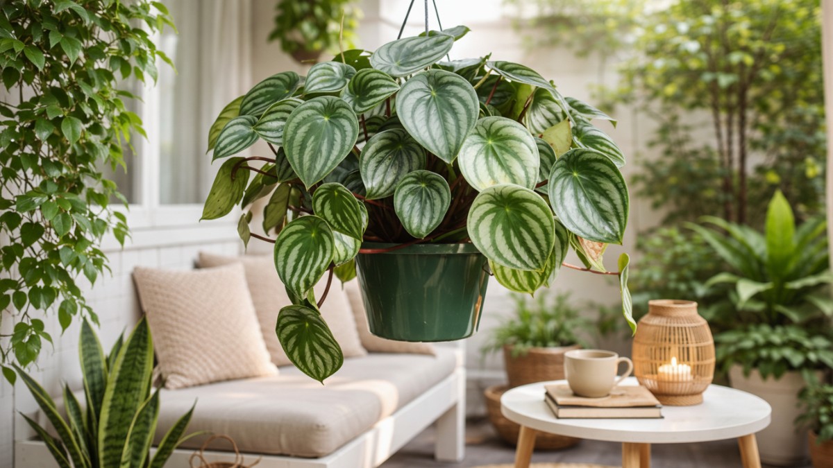 Peperomia tergantung di teras kecil rumah minimalis.