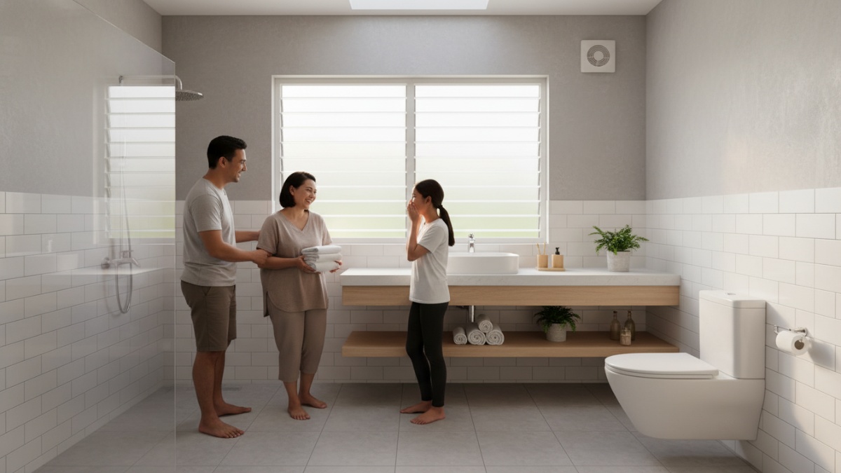 Kondisi kamar mandi rumah yang bersih, terang, dan memiliki sirkulasi udara baik sebagai pendukung kesehatan harian.