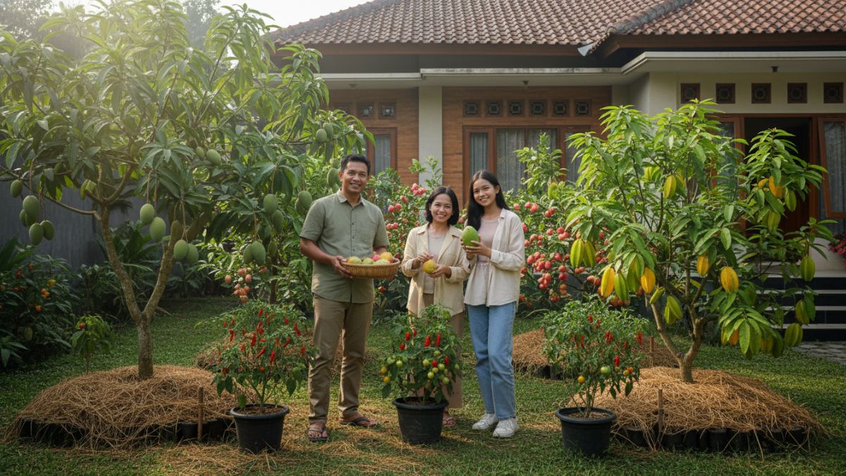 Halaman rumah hijau dengan tanaman buah produktif sebagai sumber pangan keluarga.