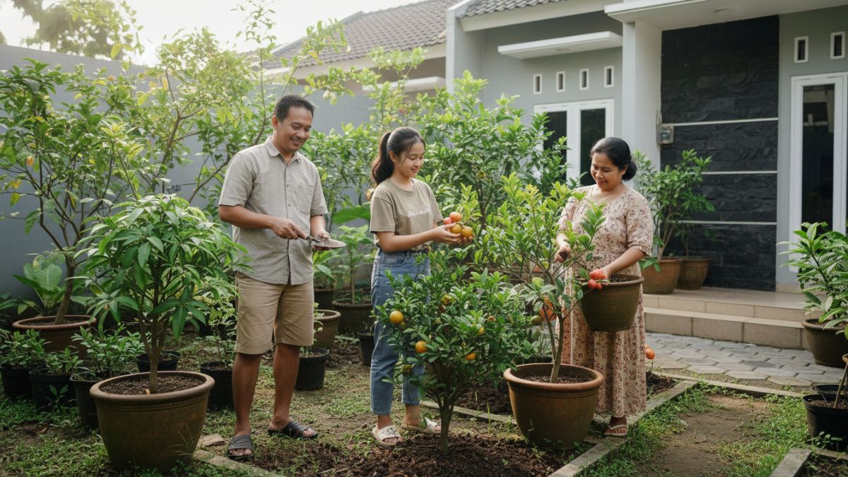 Beberapa tanaman buah dikenal adaptif di lahan sempit. Jambu air, jeruk, dan mangga kerdil sering direkomendasikan karena dapat tumbuh di tanah langsung maupun pot besar.