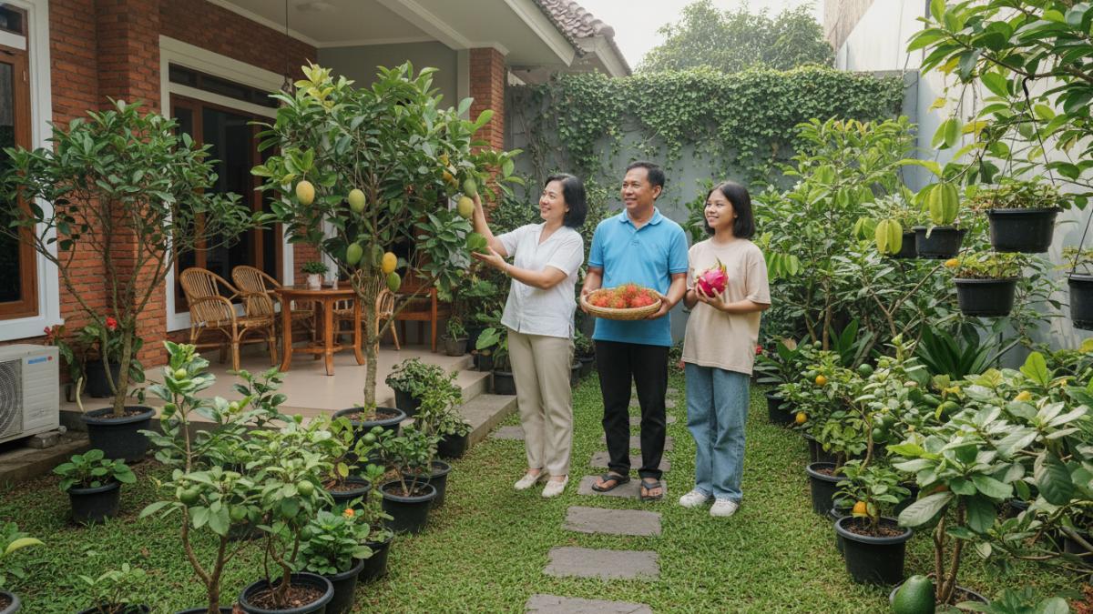 Halaman rumah tertata rapi dengan tanaman buah sebagai elemen hijau produktif.