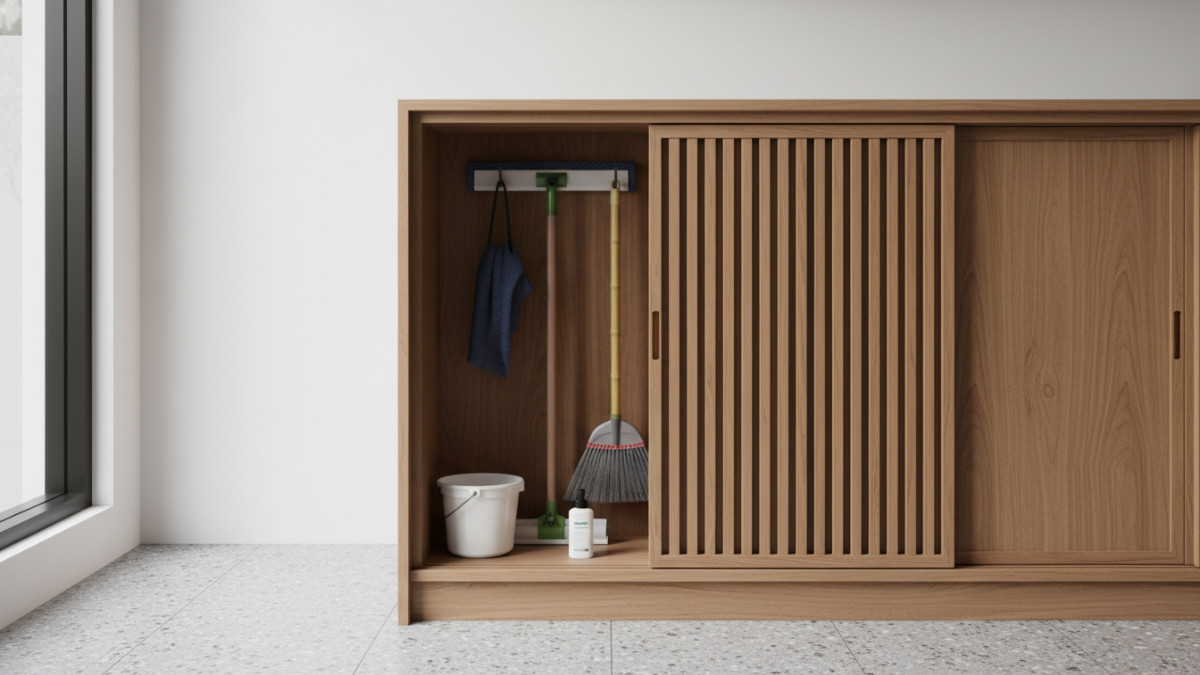 Rak terbuka dengan warna seragam mendukung interior minimalis modern.