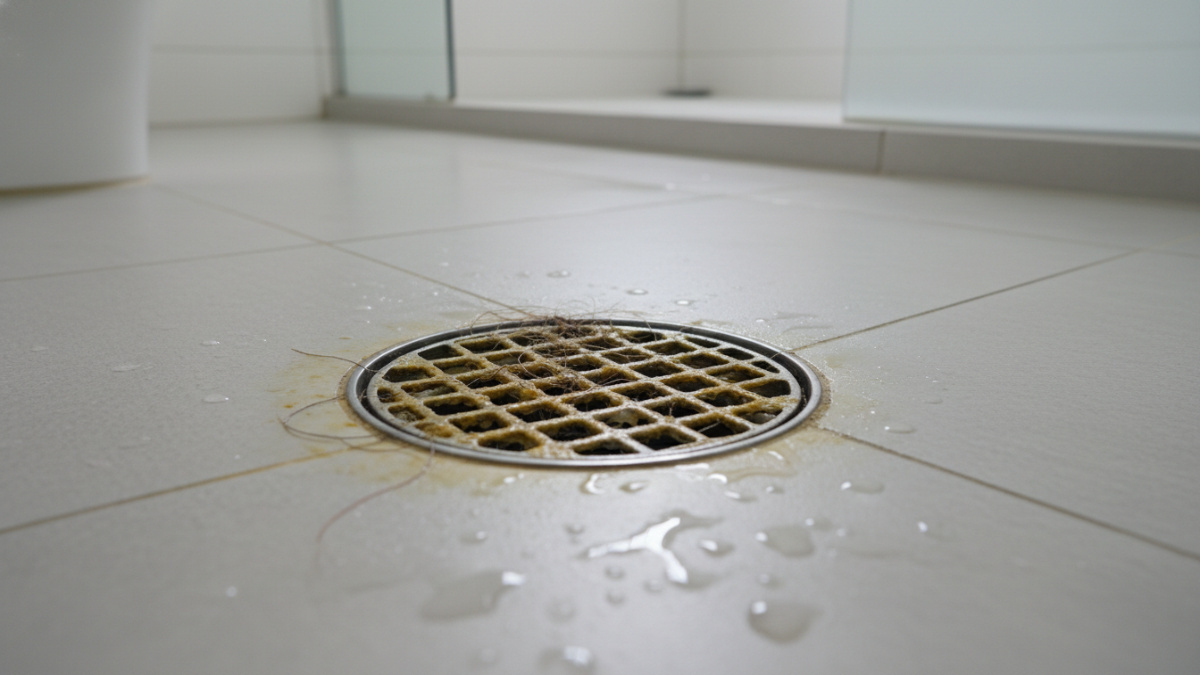 Floor drain kamar mandi dengan kerak kuning karena lama tidak dibersihkan, menggambarkan masalah umum hunian.