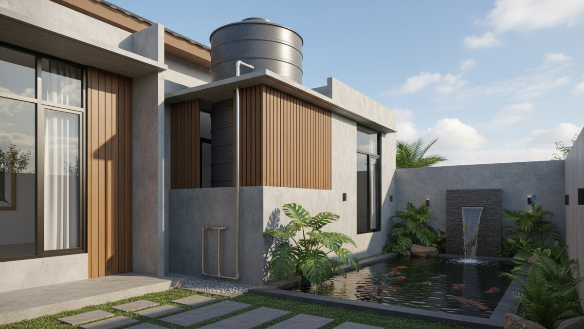 Toren air ditempatkan di area belakang rumah yang tersembunyi dari pandangan depan.