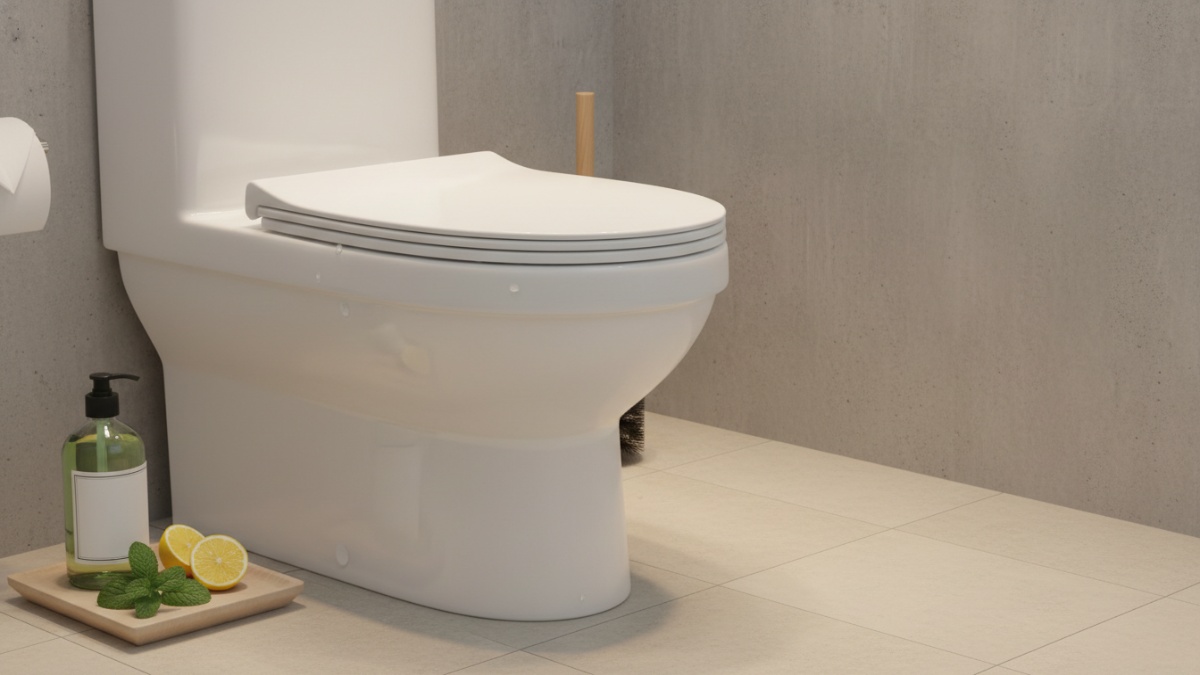 Keramik toilet bersih dan cerah hasil perawatan rutin dengan bahan alami yang ramah dan efektif.