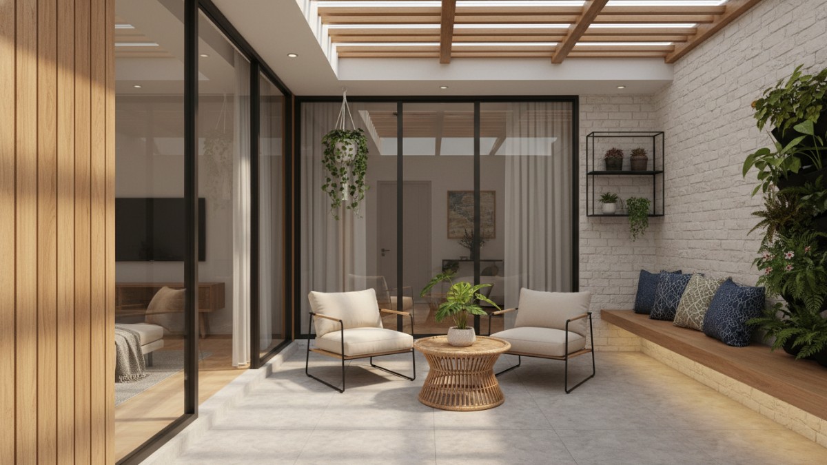 Model teras rumah kecil dengan lantai bertingkat, pagar kaca, dan warna terang untuk efek visual lebih luas