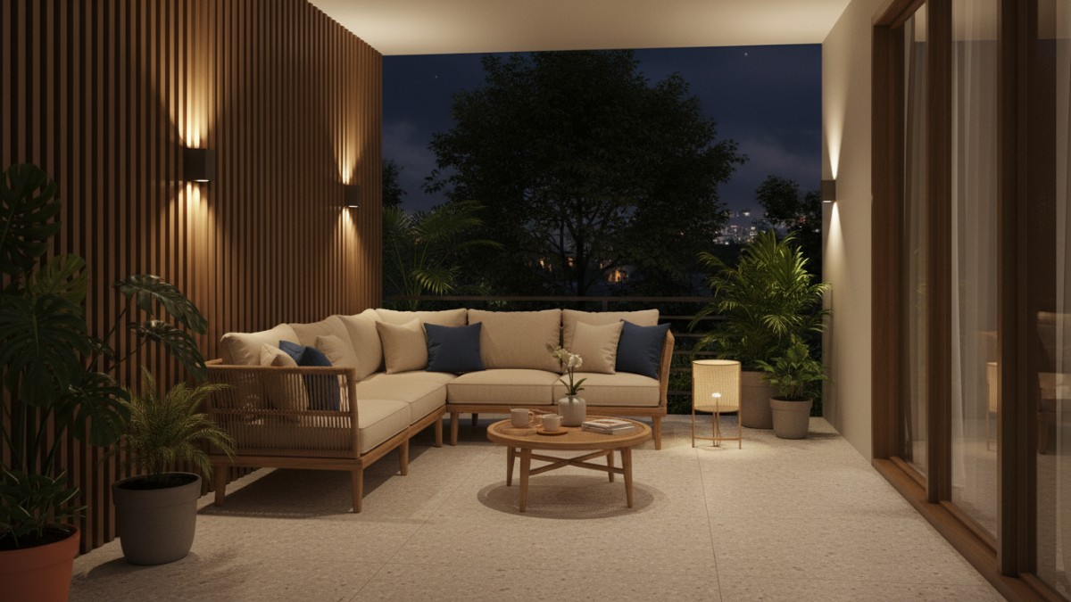 Furnitur sudut L dan lampu berlapis di teras