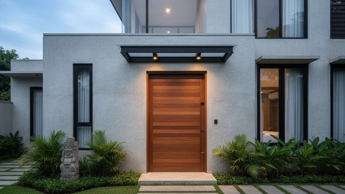 Model pintu kayu minimalis unik dengan pola geometris dan sistem geser modern, langsung menguatkan tampilan fasad