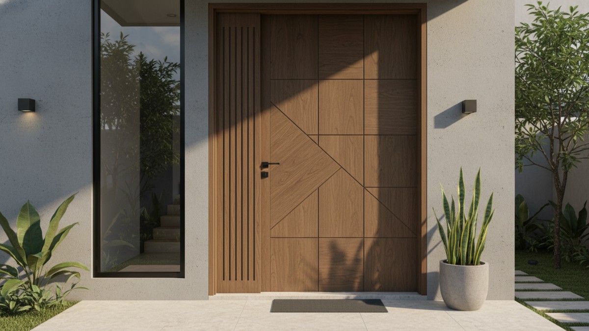 Panel geometris pada pintu kayu modern
