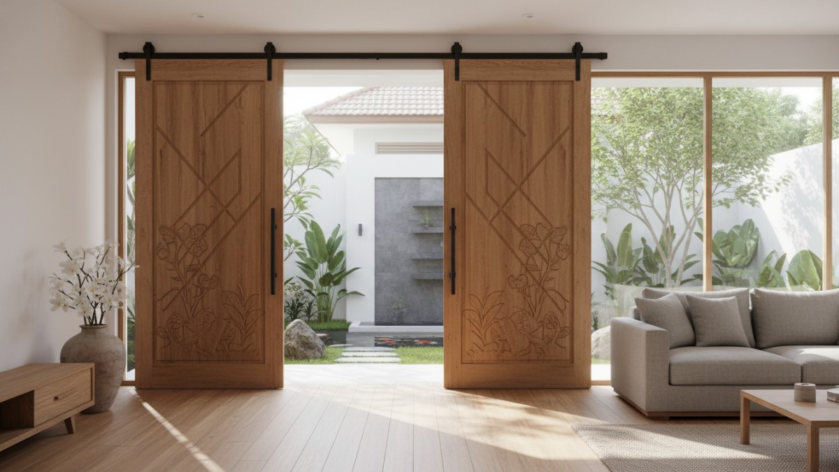 Sistem pintu kayu geser dengan rel atas