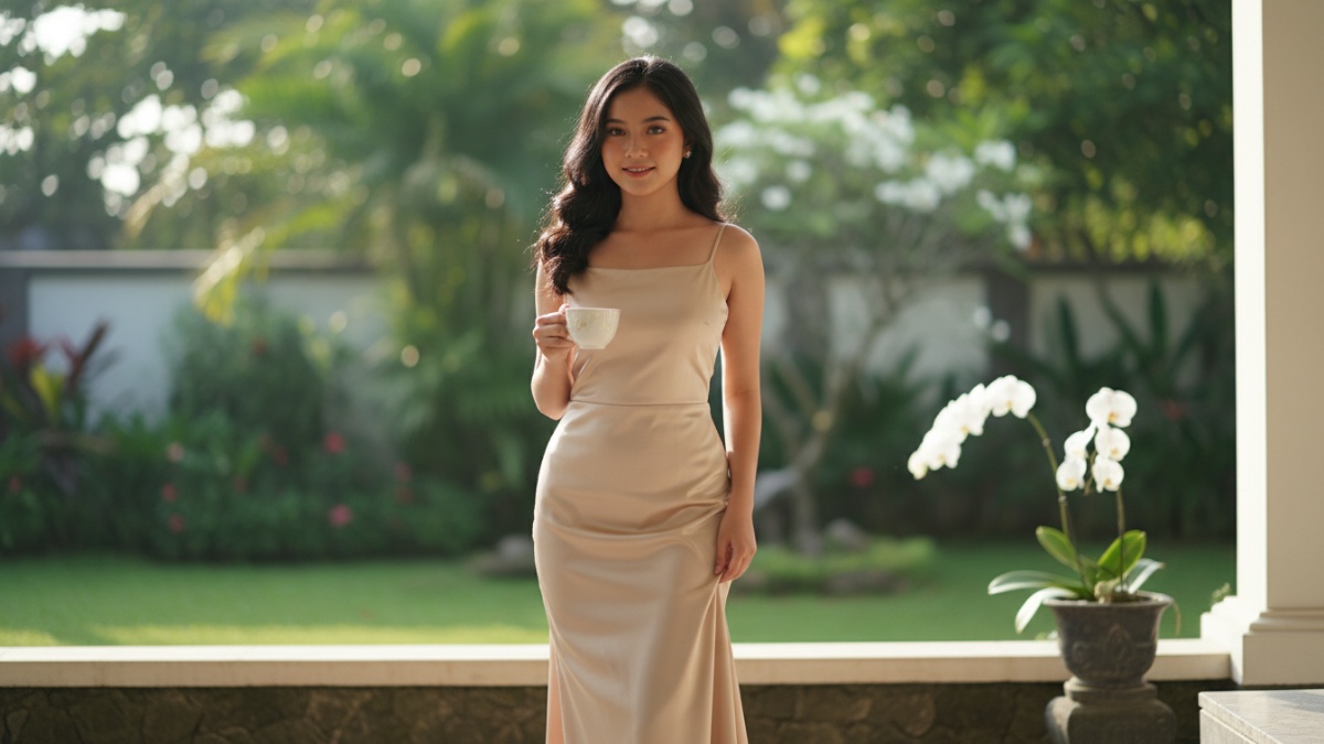 Dress silk look potongan lurus warna netral