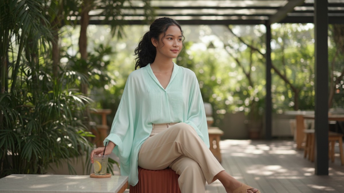 Blus silk look lengan longgar untuk aktivitas harian