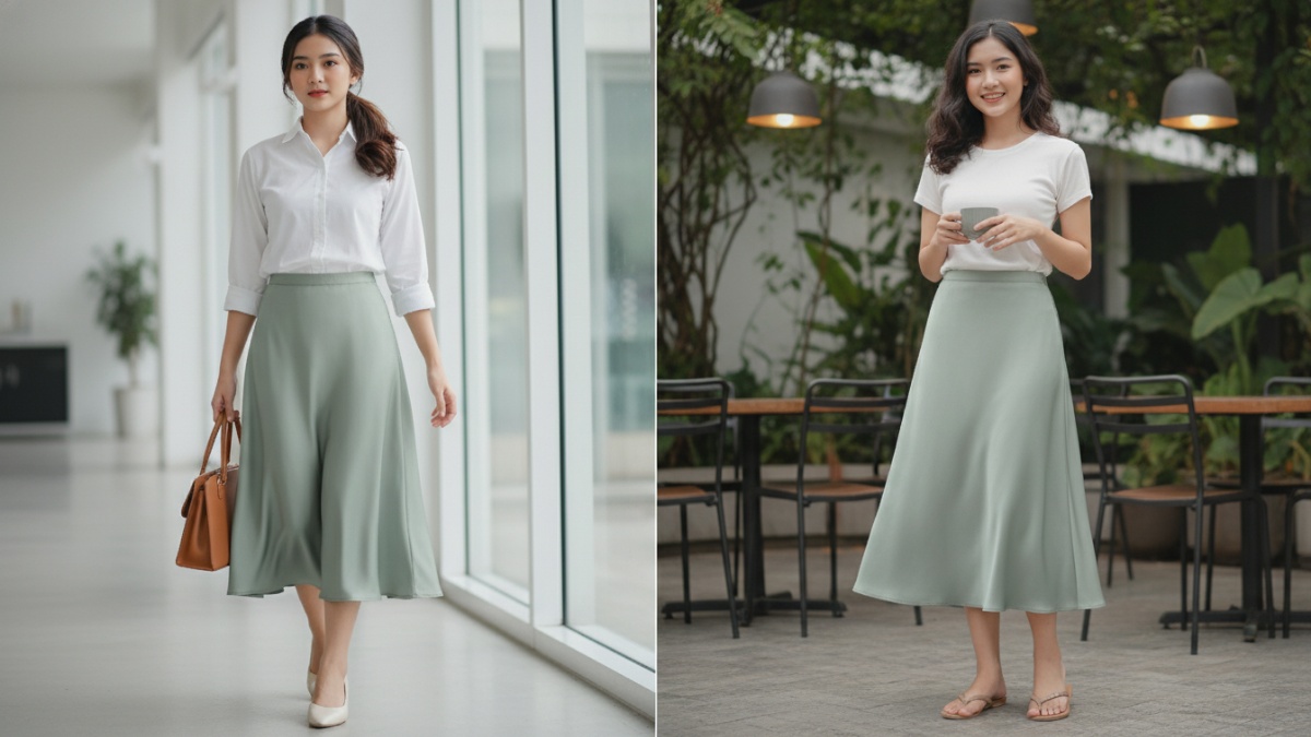 Rok midi dan setelan two piece silk look