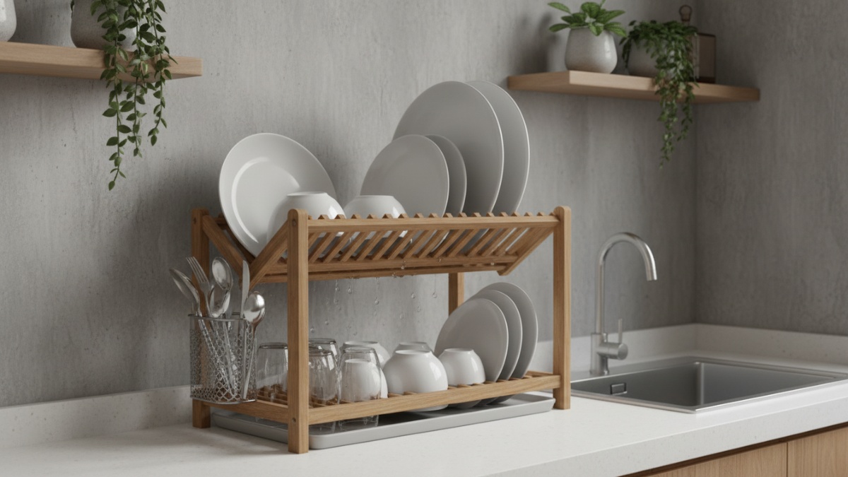Rak piring tertata rapi dengan sirkulasi udara terbuka membantu pengeringan alami dan menjaga dapur tetap higienis.