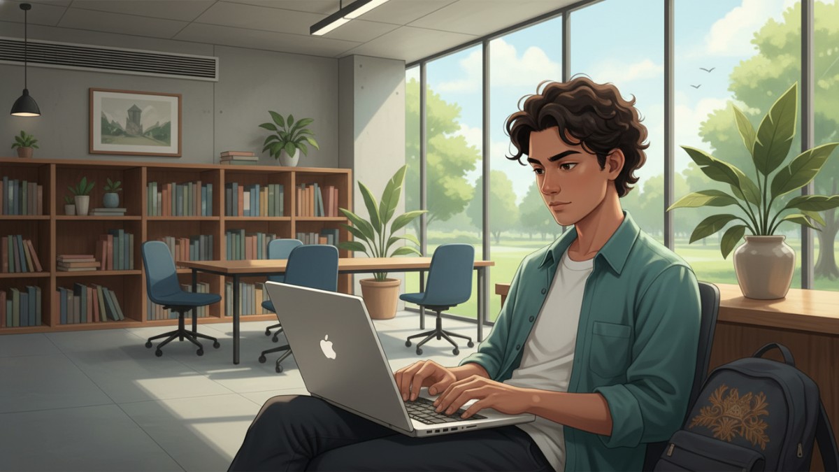 Ilustrasi mahasiswa menggunakan laptop ringan untuk belajar di ruang kampus modern.