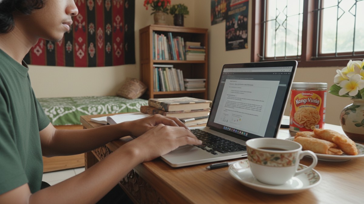 Aktivitas mengetik tugas kuliah dengan laptop tipis di meja belajar.
