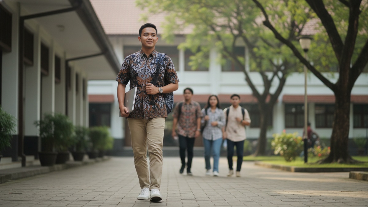 Mahasiswa membawa laptop ringan berpindah antar kelas kampus.