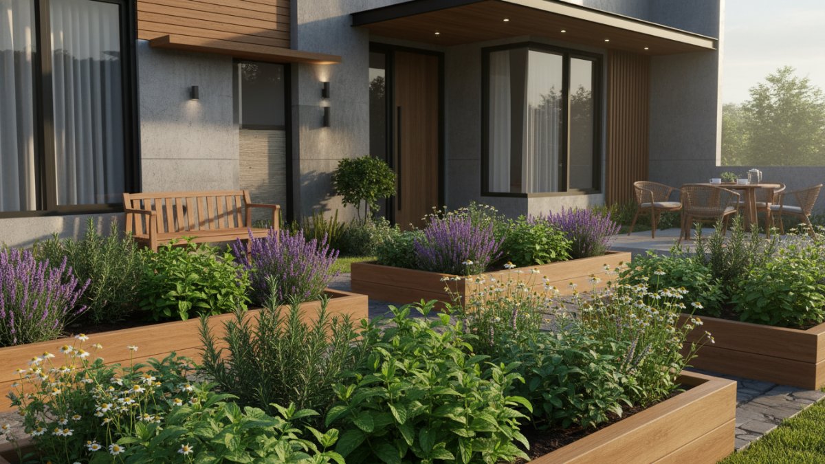 Taman herbal rumah dengan lavender, rosemary, dan mint tertata rapi, siap panen dan sedap dipandang Cess