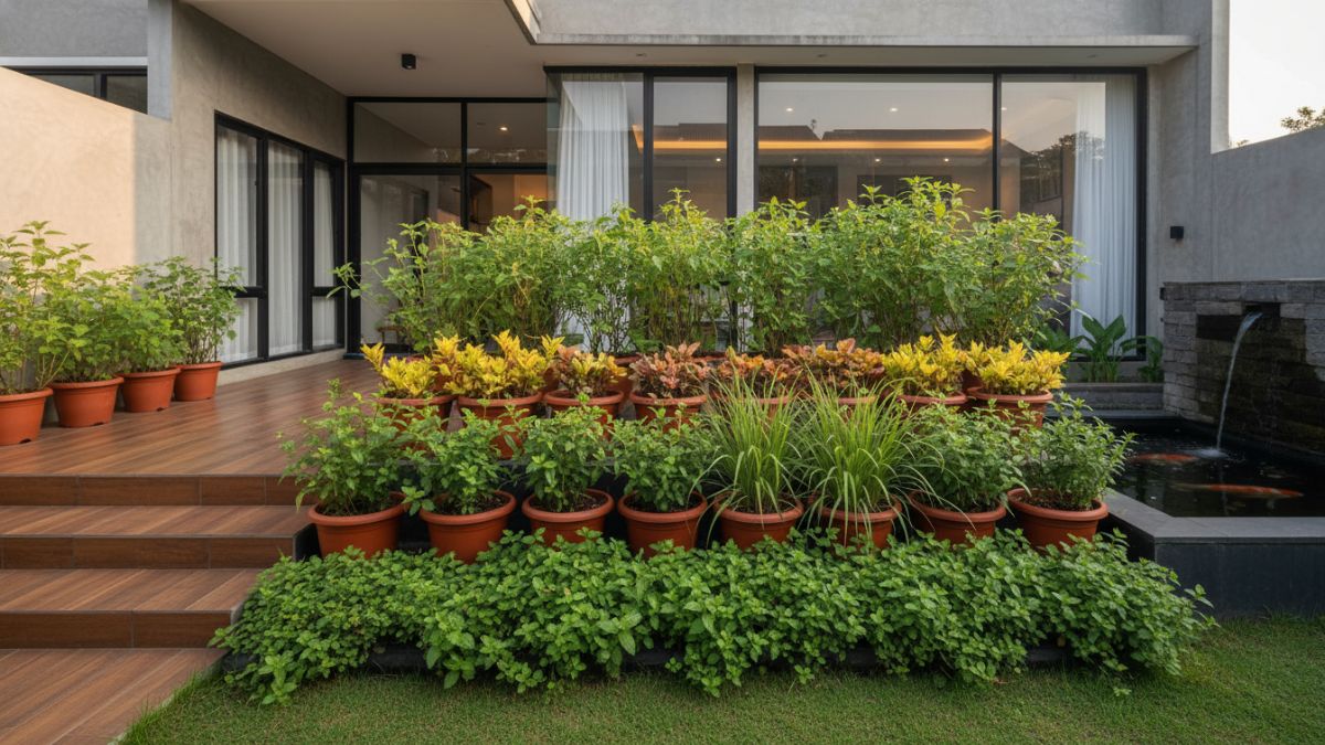 Mint dan basil tumbuh padat di pot gantung