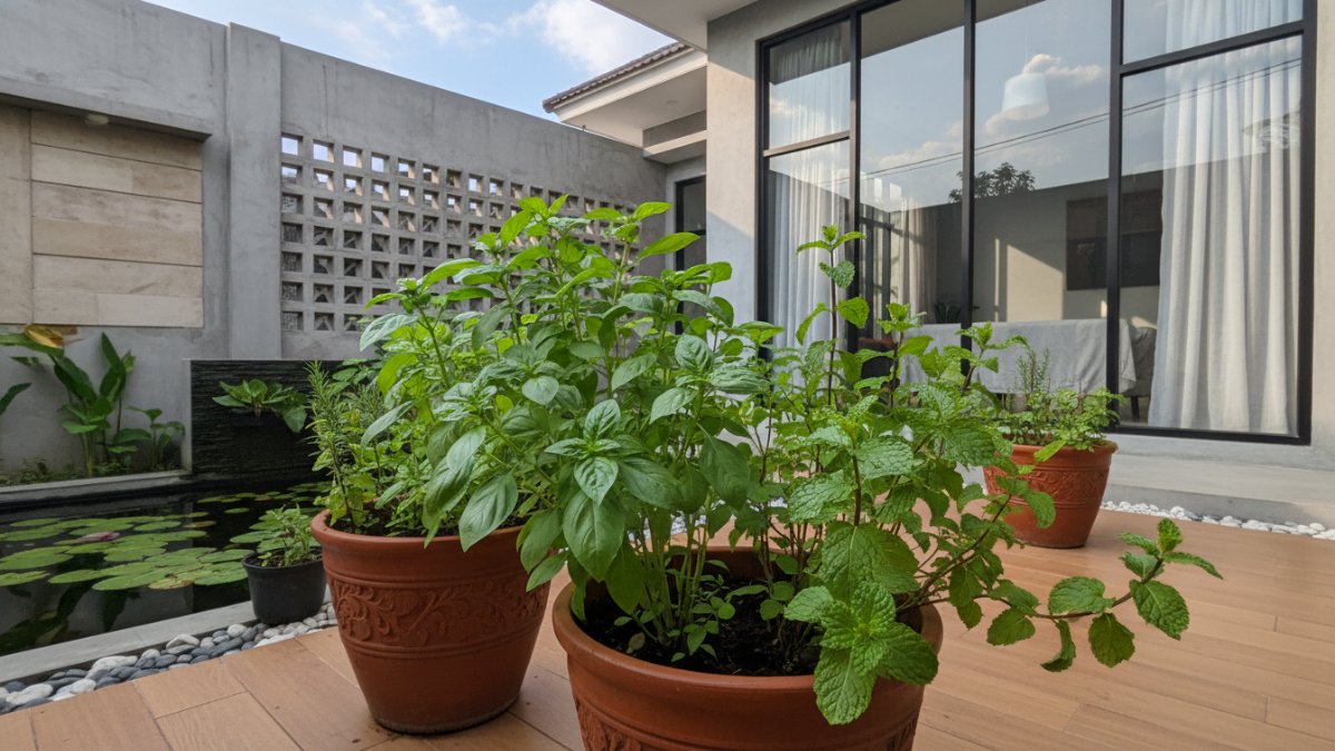 Deretan basil dan mint hijau segar dalam pot