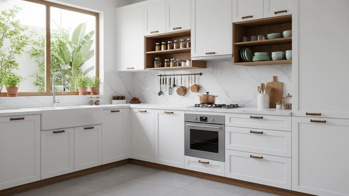 Gambaran lemari dapur rapi dengan desain fungsional yang mendukung aktivitas memasak harian.