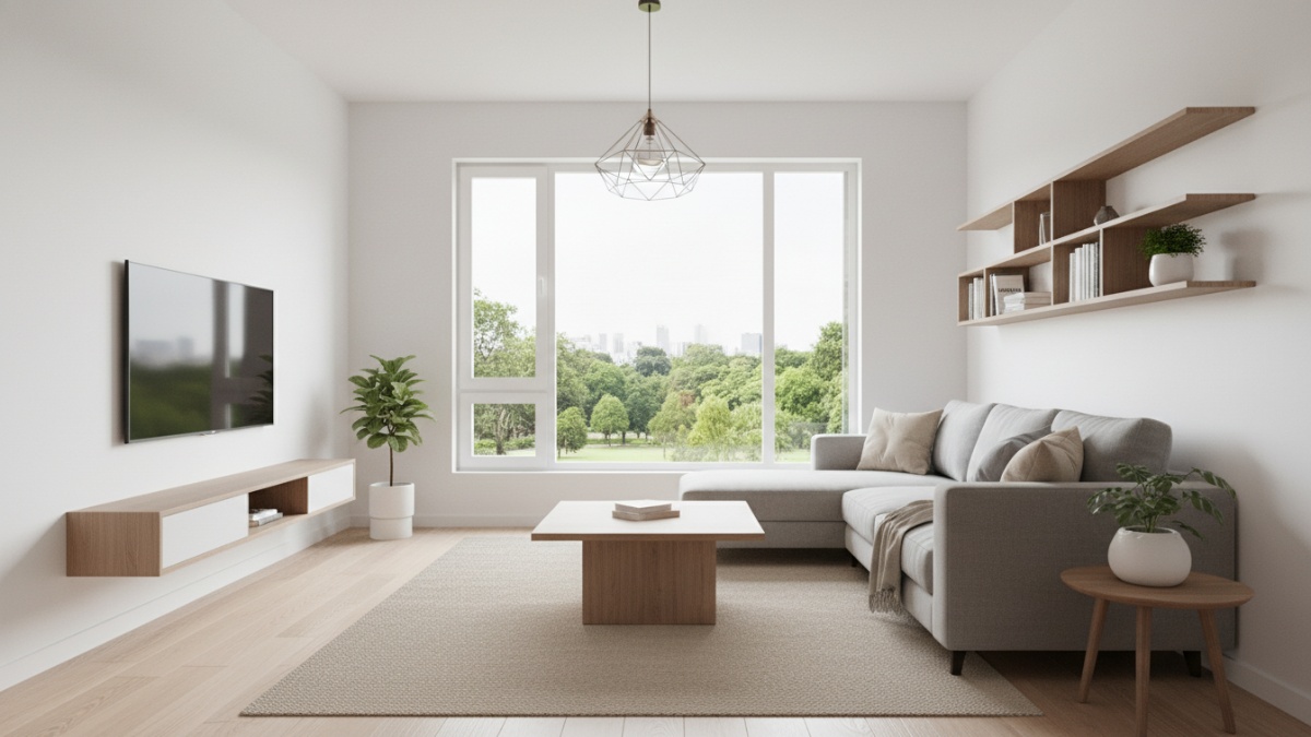 Ruang keluarga minimalis dengan furnitur sederhana dan warna netral.