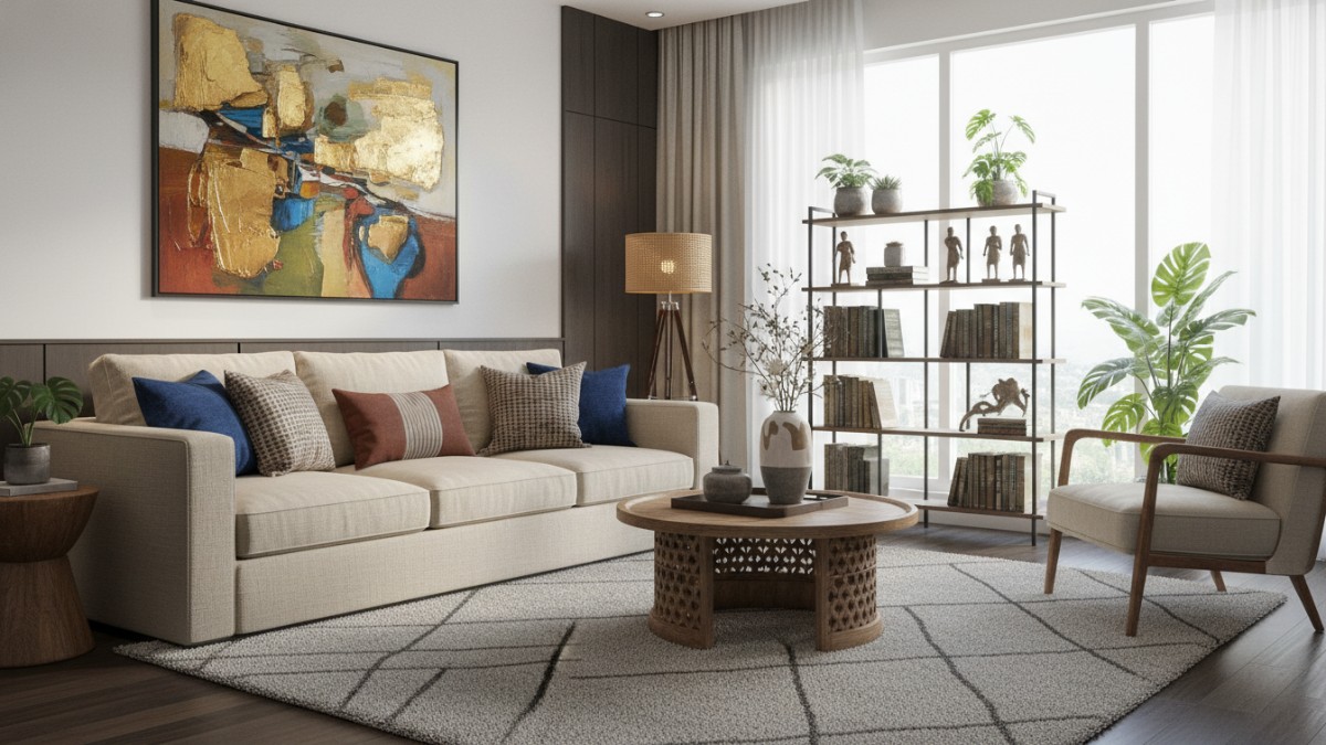 Ruang keluarga klasik dengan furnitur bernuansa seni.