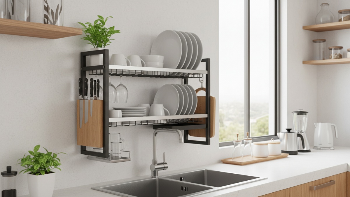 Rak piring dapur minimalis 2026 dengan desain ringkas dan sistem tirisan langsung, bikin area cuci lebih rapi Cess