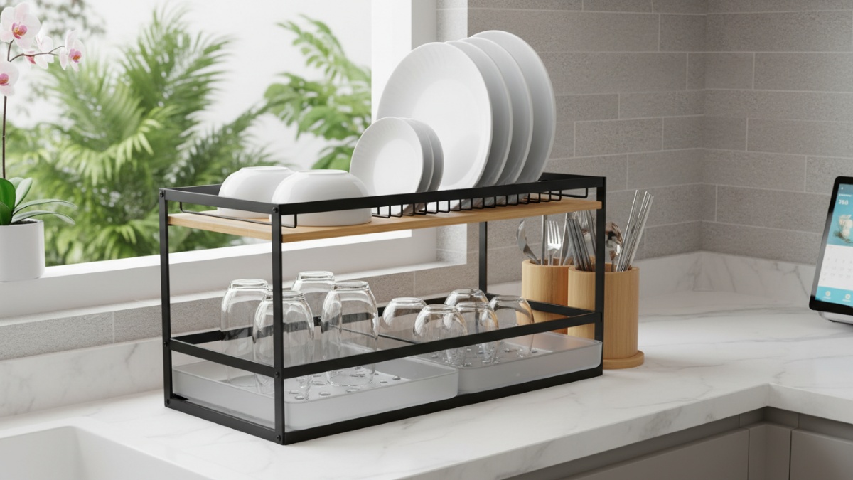Rak piring dua tingkat dengan baki air terpisah di dapur minimalis