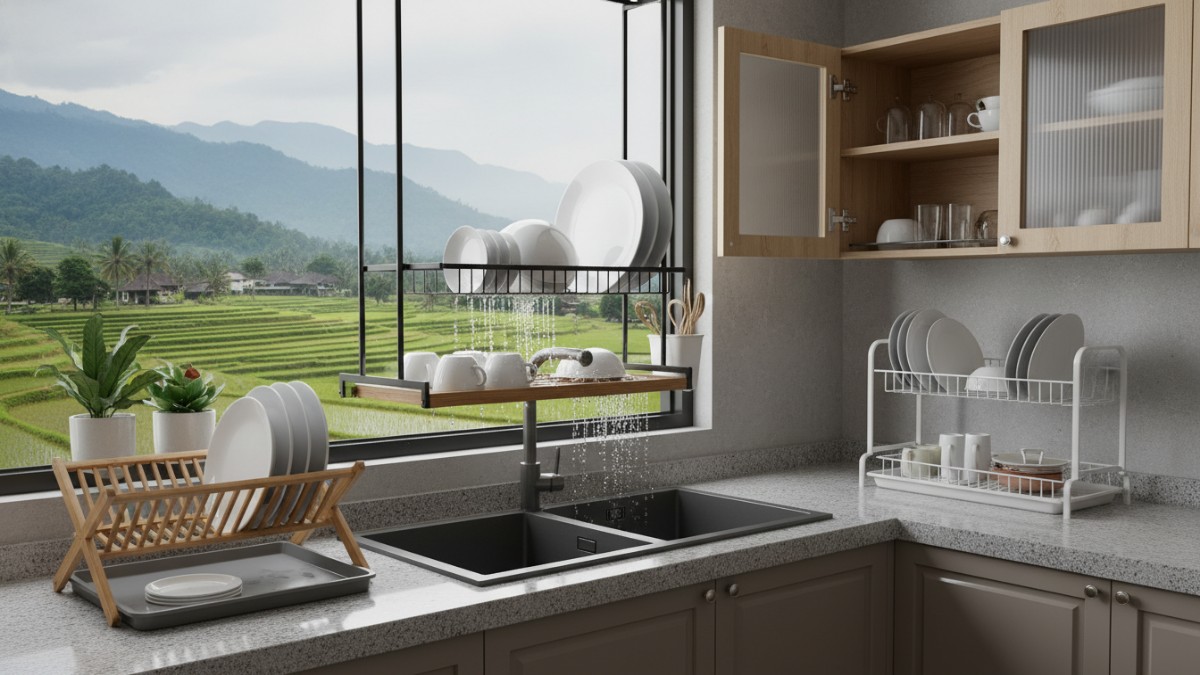 Model rak piring gantung dinding bahan stainless modern