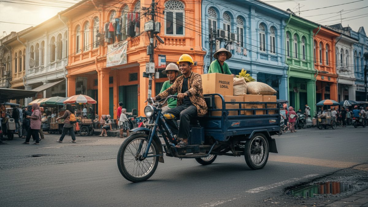 Aktivitas distribusi usaha kecil di jalan kota menggunakan kendaraan roda tiga.