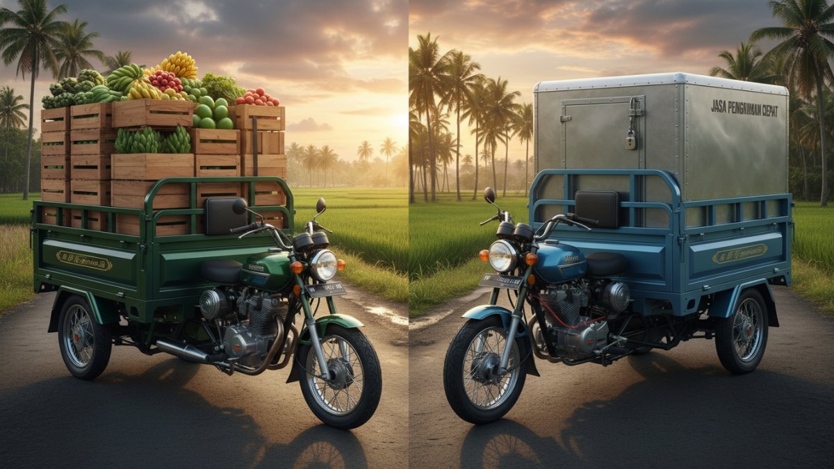 perbandingan fitur kapasitas bak dan mesin motor roda tiga operasional bisnis.